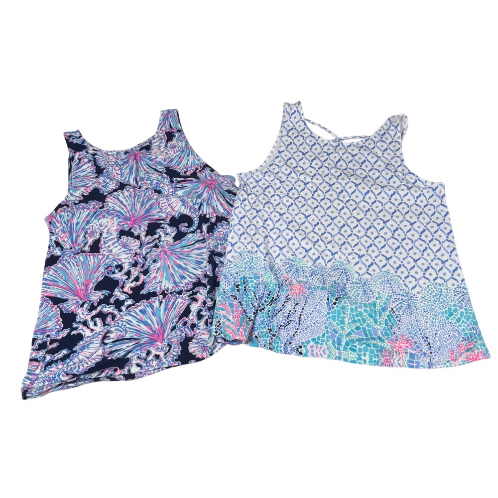 Lilly Pulitzer Lot of 2 - Etta V-Back Tank Top Pima Cotton Modal Blue Pink M